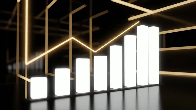 Abstract glowing columns in dark space with geometric golden structures