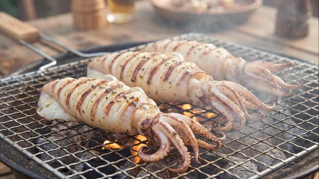 whole squids being grilled on a wire mesh over glowing charcoal