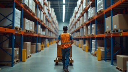 Obraz premium warehouse worker efficiently managing inventory on a pallet jack in a well-organized storage facility with shelves stocked with cardboard boxes and shipping supplies.