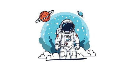 Colorful illustration of an astronaut standing amidst cosmic elements. A planet with rings and a smaller one float in space above