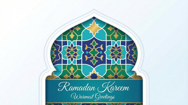 Colorful Arabic Ornamental Tiles Seen Through White Mosque Window for Ramadan Kareem Greeting Card