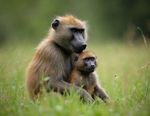 Obraz premium Olive baboon mother holds young monkey close in grassy field. Adult primate and infant sit together amidst green nature. Wildlife pair displays maternal affection.