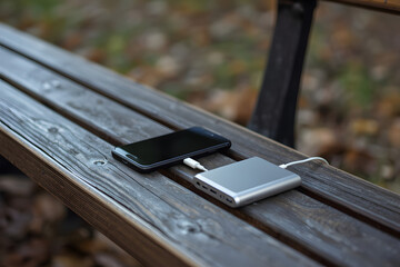 Fototapeta premium Charging Phone Using Power Bank Outdoors