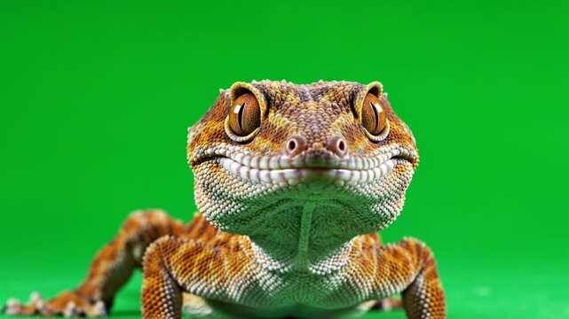 Gecko Lizard Looking at Camera on Green Screen Chroma Key Background, Exotic Reptile Closeup