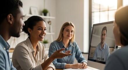 Four diverse colleagues gather, engaged in a virtual meeting on a computer screen, inside a well-lit office space