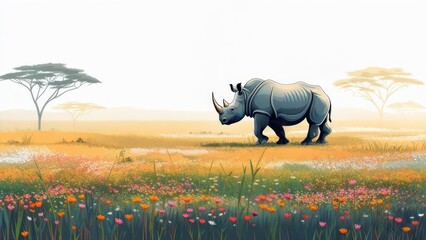 Fototapeta premium A large rhino walks across a vibrant, flowered savanna with sparse trees under a bright sky