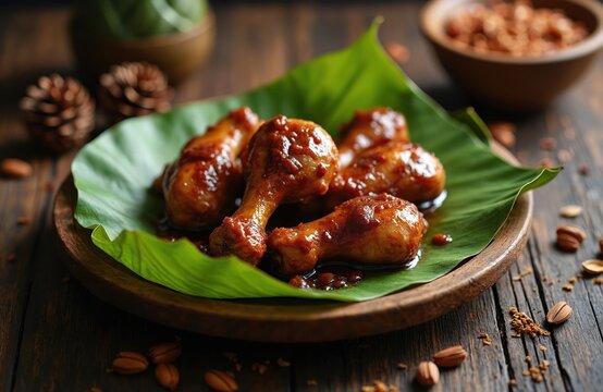Chicken legs glazed with soy sauce served on banana leaf. Juicy, tender meat, seasoned well. Delicious traditional Ayam Masak Kicap on rustic table.