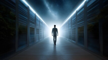 Fototapeta premium Silhouette of a lone person walking down a futuristic brightly lit corridor towards a glowing light with a galaxy sky above