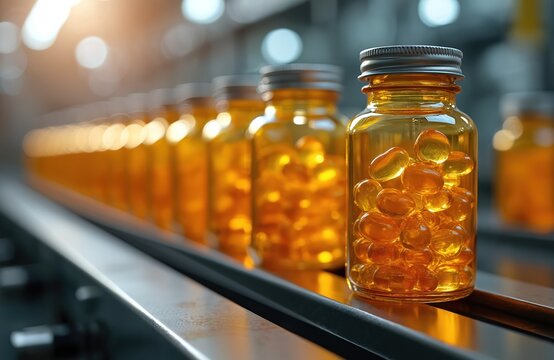 Line of amber glass bottles filled with golden softgel capsules. Manufacturing process for health supplements and vitamins on production conveyor. Shiny pharmaceutical products organized in row.