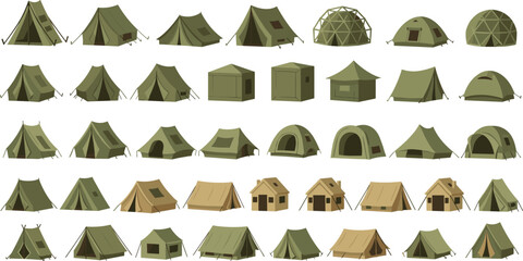 Military Camping Tent Icon Set Showing Army Shelters and Field Camps for Outdoor Survival, Expedition, Tactical, and Vector Illustration Design © MstBobita
