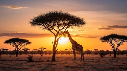 African Sunset Silhouette Giraffe Eating Leaves From Acacia Tree.