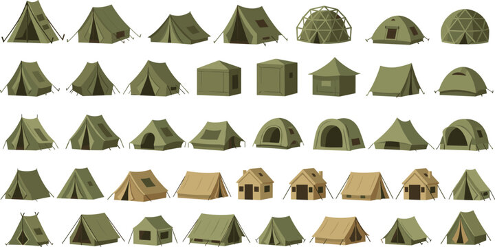Military Camping Tent Icon Set Showing Army Shelters and Field Camps for Outdoor Survival, Expedition, Tactical, and Vector Illustration Design