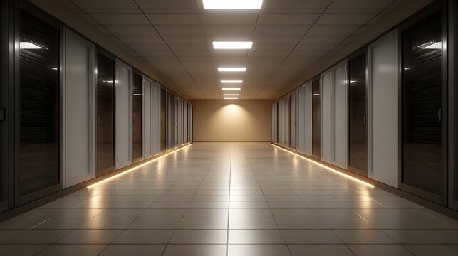 A modern server room corridor stretches into the distance lined with racks and illuminated by floor level lights and overhead panels