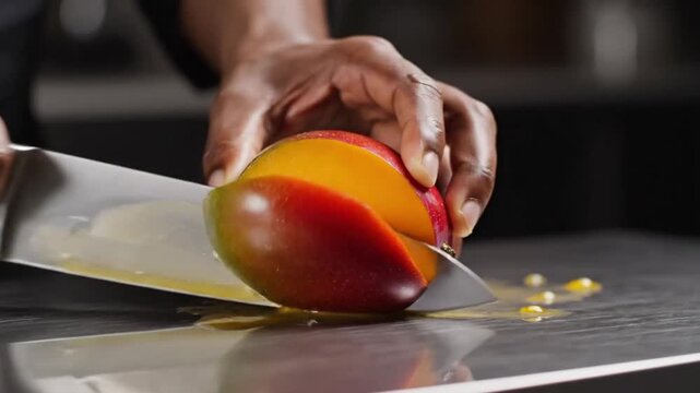 Hand slicing mango on kitchen counter top