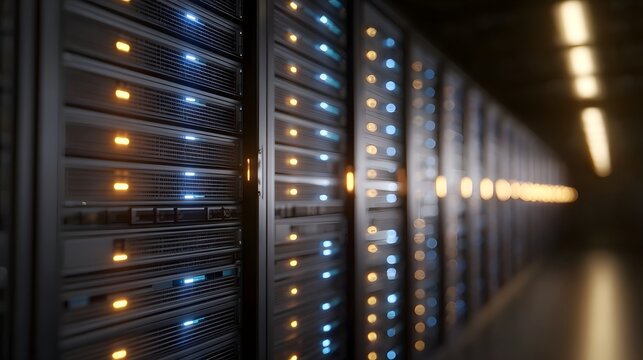 Illuminated server racks with blinking blue and orange lights in a modern data center corridor