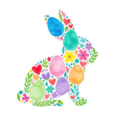 Easter Bunny Silhouette: A vibrant watercolor illustration of an Easter bunny silhouette, beautifully adorned with colorful eggs, floral elements, and hearts.