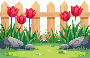 Red tulips growing near wooden fence, cozy spring garden scene with grass and stones