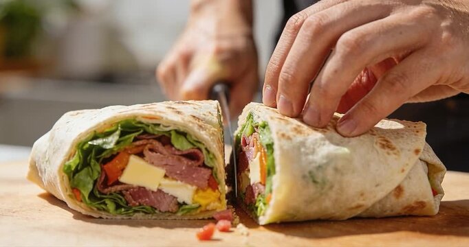 Chef preparing gourmet wrap on wooden cutting board