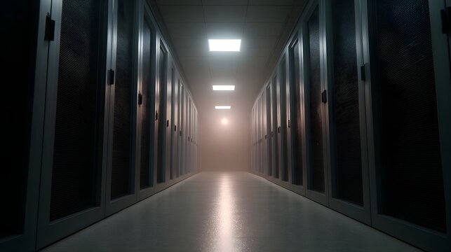 A long dimly lit corridor within a futuristic data center filled with rows of server racks and a hazy atmosphere