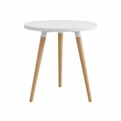 Modern white round table with light wood legs against a white background