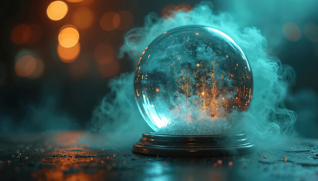 Crystal ball shows glowing data patterns. Blue smoke swirls around glass sphere predicting future finance. Digital numbers and lights glow inside predicting market.
