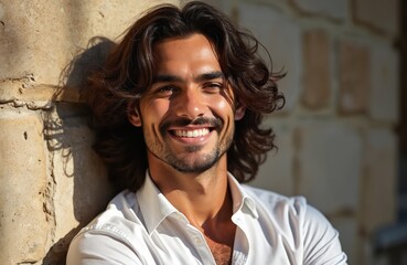 Fototapeta premium Smiling man with long dark hair leans against stone wall. Handsome guy wears white shirt, shows happy expression and teeth. Outdoor portrait, natural light, sunlit face.