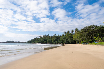 Beautiful wide white sand beach with palm trees and blue ocean in Sri Lanka, Nilaveli area. Tropical sunrise scene with lush greenery and soft morning light.