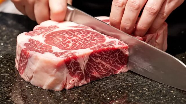 Chef slicing raw meat on black granite countertop
