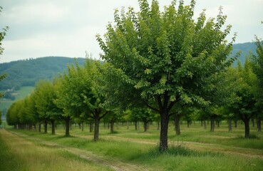 Green hazelnut trees line a grassy path in Piedmont, Italy. Hills create a soft backdrop under a cloudy sky. The orchard is neat, showing the agricultural beauty of the region.