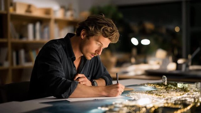 A meticulous artist painting microscopic details on a miniature cityscape, tiny streetlights and storefronts glowing under magnifying lamps &mdash; handcrafted world-building and precision model