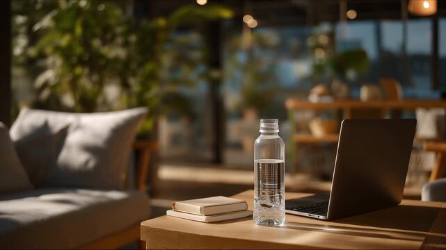 A modern home office with a water bottle, laptop, and midday supplement stack arranged neatly, promoting cognitive support and productivity in a busy workday. cinematic color correction, natural