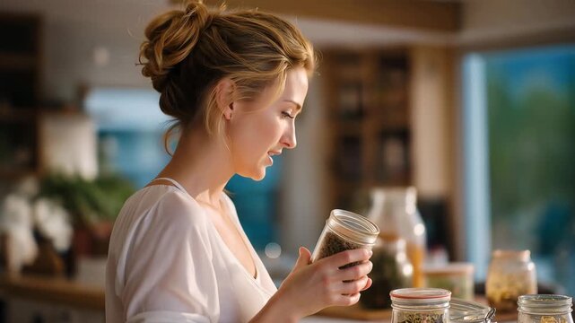 A family practicing household stewardship by sorting compost and recyclables at their kitchen counter, natural light illuminating glass jars and reusable containers. cinematic color correction,