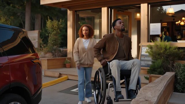 A family unloading groceries beside a clearly marked accessible parking space, emphasizing inclusive design and well-maintained public infrastructure. cinematic color correction, natural uneven