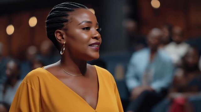 A female political leader delivering a passionate speech at a community forum, hands raised with conviction as diverse citizens lean forward &mdash; democracy in action and women shaping public policy.