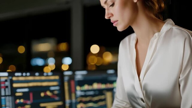 A female campaign strategist analyzing polling data on a digital dashboard, crafting messaging while team members brainstorm around her &mdash; behind-the-scenes political strategy and analytics.