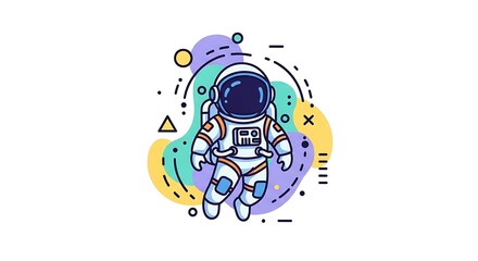 Fototapeta premium A cartoon astronaut floats amidst colorful, abstract shapes and lines on a clean white background