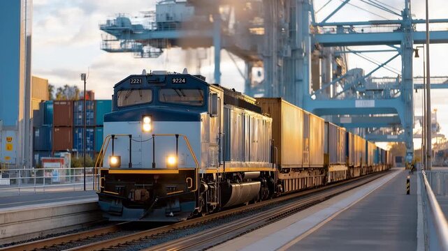 A freight train arriving at a bustling port terminal as cranes swing overhead, containers transferring seamlessly between ship and rail &mdash; multimodal logistics, global trade infrastructure, and