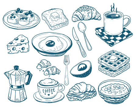 Hand drawn vintage mediterranean blue breakfast set. Dolce vita style food illustration perfect for cafe or restaurant menus design.