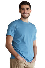Obraz premium Smiling young man in blue t-shirt with hands in pockets looking at camera, casual portrait