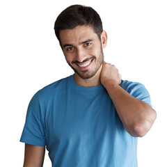 Obraz premium Young man in blue t-shirt touching the back of his neck and smiling warmly at camera