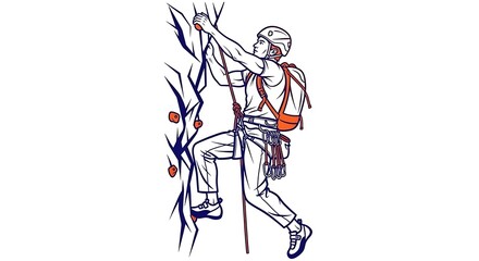 Obraz premium Illustration of a climber ascending a rock face, geared with safety equipment. A rope secures them, grasping the rock with one hand