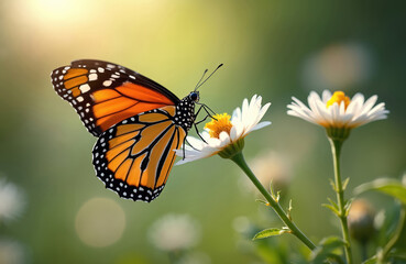 Obraz premium Monarch butterfly on white flower collecting nectar. Orange insect with black stripes and white spots on wings. Soft green bokeh background during sunny day. Closeup macro.
