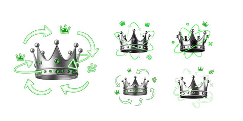 Sketch close up crown with emerald jewels rotating with green arrows and orbit lines isolated on transparent background silver metallic royal emblem front view detailed illustration