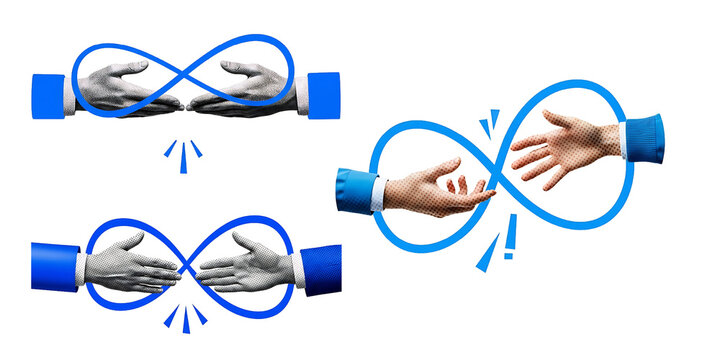 Pop art hands passing an infinity loop symbol close up two hand gesture reaching right hand looking away blue sleeve transparent background modern flat graphic isolated