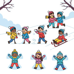 Happy Children Playing in Snow, Building Snowman and Making Snow Angels