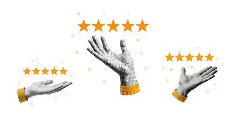 Vintage halftone close up three open hands presenting five star ratings in orange with yellow cuffs on transparent background high angle composition playful review concept graphic