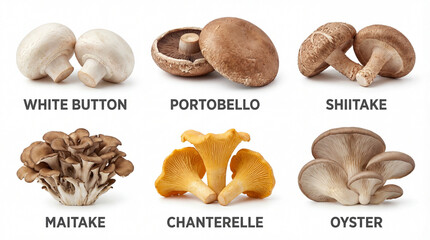 Diverse Edible Mushrooms A Visual Guide to Culinary Fungi on White.