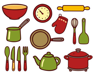 Set of hand-drawn cartoon kitchen utensils kitchenware in a colorful doodle style. May be used for wallpapers, design projects, stickers, or educational purposes. Vector.