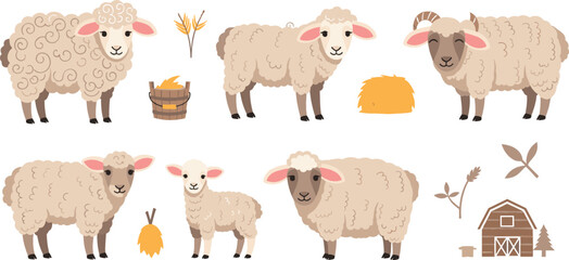 Fototapeta premium Cute Cartoon Sheep Illustration Set with Lamb, Ram, Hay, Carrot, Barn, and Farm Elements for Kids Designs, Nursery, Easter, and Agriculture Themes