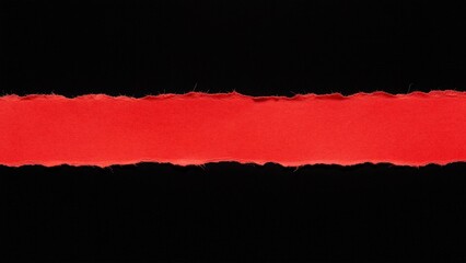 Red torn paper strip isolated on black background,abstract texture banner template with copy space for design,creative advertising concept and dramatic reveal backdrop